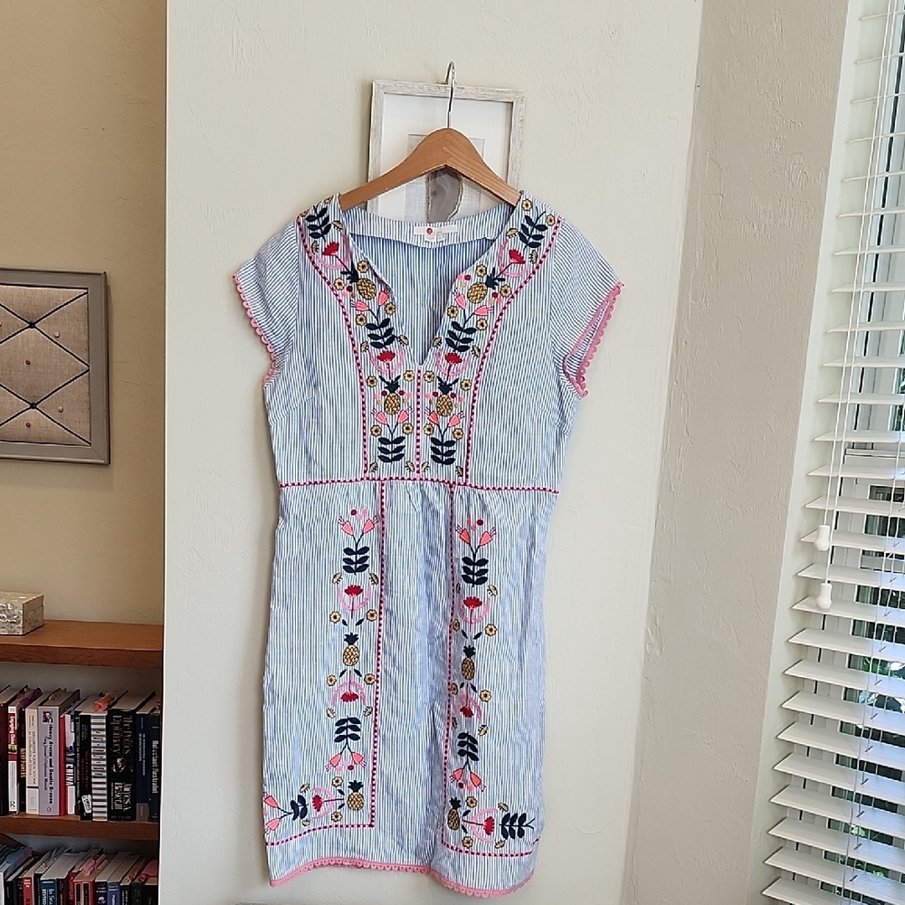 Boden Blue Striped Dress with Floral Embroidery